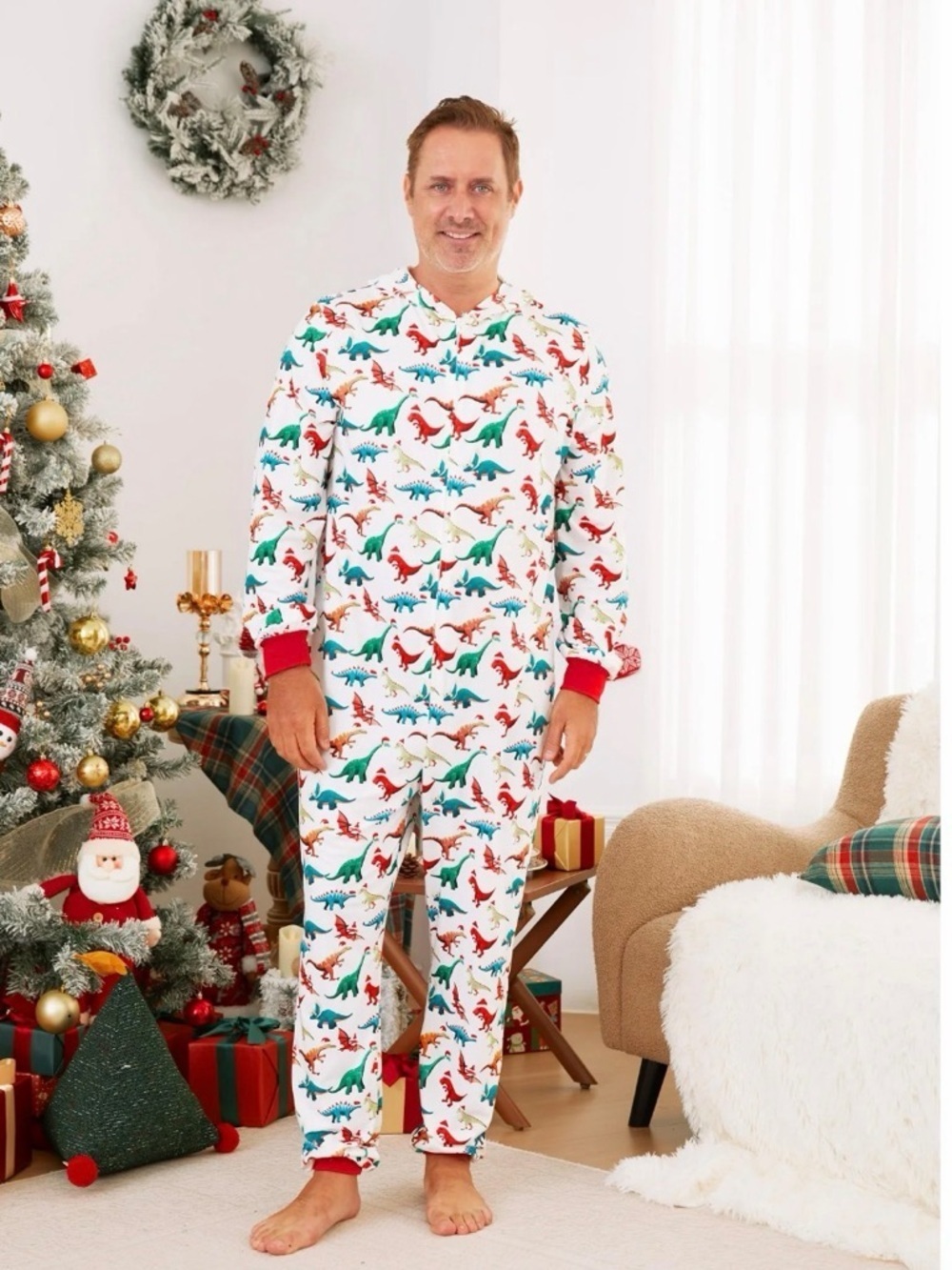 PatPat Men’s White Dinosaur Print Pajama Set with Red Trim